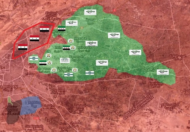 Hàng ngàn phiến quân Syria đầu hàng, di tản khỏi ngoại vi Damascus (video) Bản đồ chiến sự vùng ngoại ô Damascus, khu vực Đông Ghouta