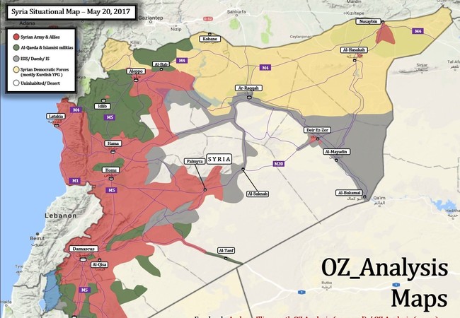 Quân đội Syria tiến về biên giới Iraq, không ngán đặc nhiệm Mỹ Bản đồ toàn cảnh chiến trường Syria tính đến ngày 20.05.2017 theo Al-Masdar News