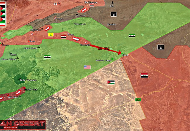 Quân đội Syria đánh chiếm hàng chục km biên giới giáp Jordan (video) Bản đồ chiến sự vùng biên giới tam giác Iraq, Syria, Jordan, các mũi tấn công chính của quân đội Syria