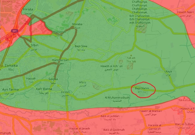 Chiến sự Syria: Quân Assad tấn công phe thánh chiến cố thủ ngoại vi Damascus Bản đồ vùng Đông Ghouta, vòng tròn đỏ là thị trấn Beit Nayem, đang là mục tiêu cuộc tấn công của quân đội Syria