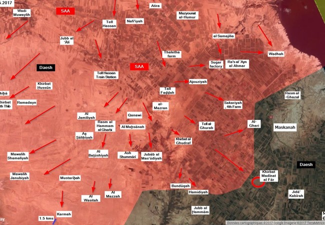 “Hổ Syria” bao vây thị trấn phiến quân IS ở đông Aleppo từ 3 phía Quân đội Syria tấn công vào ngôi làng Khirbat Madinat al-Far, hướng tây nam thị trấn Maskanah