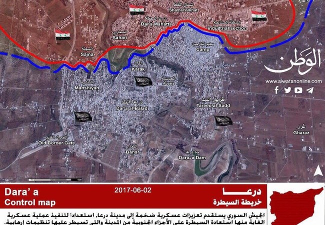 Chiến sự Syria: Quân Assad đập tan tấn công thánh chiến tại Daraa Chiến tuyến thành phố Daraa tính đến ngày 02.06.2017