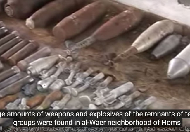 Chiến sự Syria: Phát hiện kho vũ khí khổng lồ của phiến quân ở Homs (video) Kho vũ khí lớn phát hiện được trong quân Al-Waer thành phố Homs