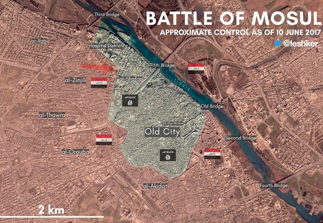 IS sắp bị quét sạch khỏi Mosul sau hai tuần nữa (video) Bản đồ chiến sự thành phố Mosul, chỉ còn khu phố Thành cổ đang bị IS chiếm giữ