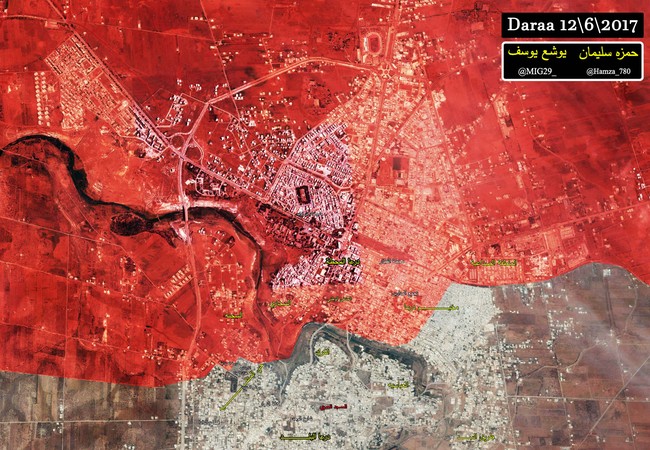Quân đội Syria giành chiến thắng đầu tiên tại Daraa Bản đồ chiến sự thành phố Daraa, những địa danh mầu vàng là các khu phố mới được quân đội Syria giành lại