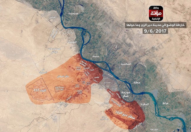 Quân đội Syria tử thủ, diệt 60 tay súng IS tại chảo lửa Deir Ezzor (video) Bản đồ chiến sự thành phố Deir Ezzor do truyền thông ủng hộ IS cung cấp, diện tích phòng ngự của quân đội Syria đã thu hẹp rất nhiều