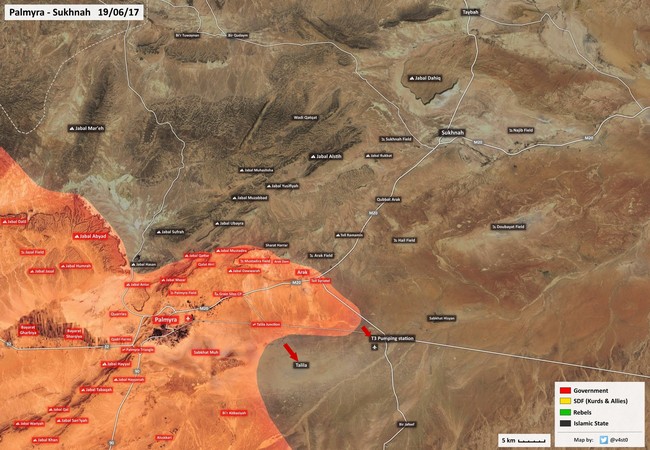 Quân đội Syria dồn binh quét sạch IS nhằm giải vây Deir Ezzor (chùm video) Bản đồ chiến sự phía đông Palmmyra, các đơn vị vũ trang Syria tấn công theo hướng trạm bơm T3 và Talila