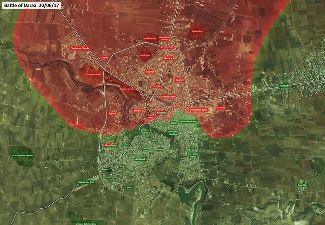 Nga tập kích dữ dội, quân đội Syria cắt đứt tiếp vận phiến quân ở Daraa Bản đồ chiến sự khu vực chiến trường Daraa tính đến ngày 20.06.2017