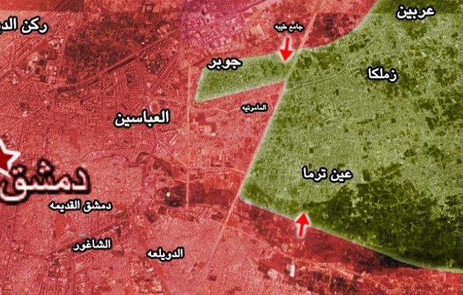Nga oanh tạc ác liệt, quân đội Syria tiến đánh dữ dội ngoại ô Damascus Các mũi tiến công của quân đội Syria đánh vào thị trấn Jobar và Đông Ghouta