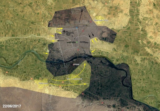 Chiến sự Syria: IS phản kích thất bại, người Kurd sắp thắng nhàn ở Raqqa (video) Bản đồ các mũi tấn công chính của lực lượng SDF vào Raqqa