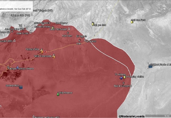 Trực thăng Nga yểm trợ, quân đội Syria sắp càn qua cửa mở Deir Ezzor Những địa bàn quân đội Syria đã giải phóng trên vùng sa mạc tỉnh Homs, khu mỏ khí gas Arak vẫn còn chiến sự