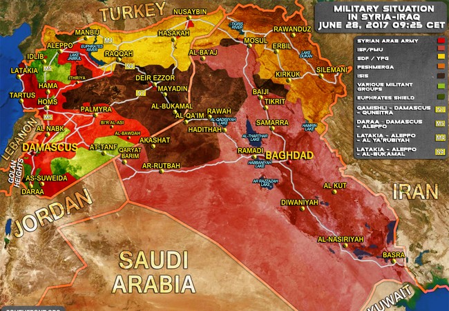 Quân đội Syria dồn binh lực tấn công về giải cứu Deir Ezzor nguy khốn Bản đồ chiến sự Syria - Iraq tính đến ngày 28.06.2017