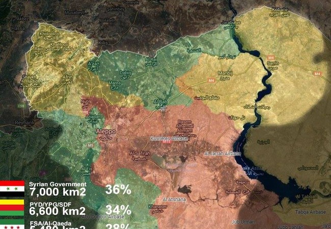 Quân đội Syria tung đòn kết liễu IS ngoại vi Aleppo (video) Phân chia vùng kiểm soát của các lực lượng đối lập trên địa phận Alepo