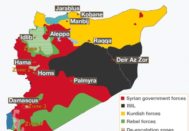 Chiến sự Syria: Lệnh ngừng bắn do Nga, Mỹ, Jordan hậu thuẫn có hiệu lực Những khu vực an toàn phía tây nam Syria theo thỏa thuận ngừng bắn được Nga, Mỹ và Jordan hậu thuẫn