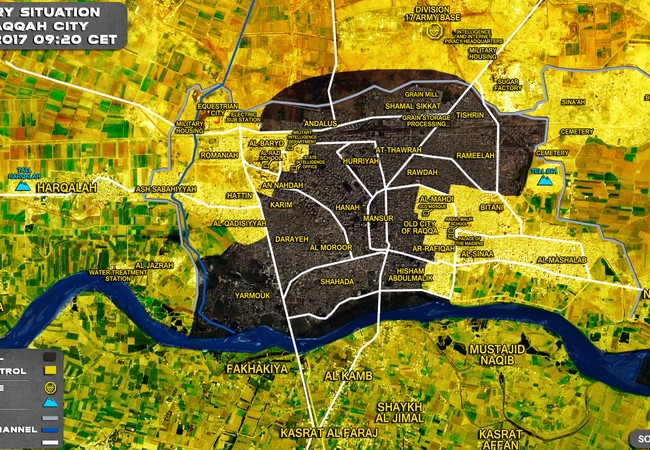 IS đánh bom tự sát và bắn tỉa, người Kurd thiệt hại nặng (video - ảnh) Chiến trường Raqqa tính đến ngày 13.07.2017, phân bổ lực lượng giữa IS và SDF trong thành phố