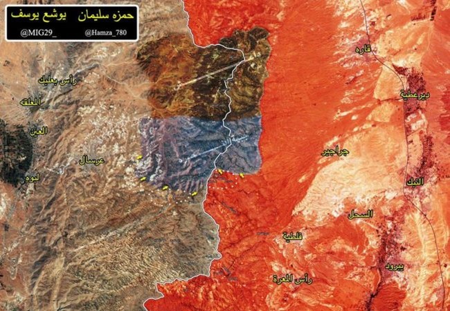 Vệ binh Syria, Hezbollah đánh bật phiến quân, chiếm nhiều cao điểm biên giới Lebanon Bản độ chiến sự vùng rừng núi Faleeta trên biên giới Lebanon - Syria