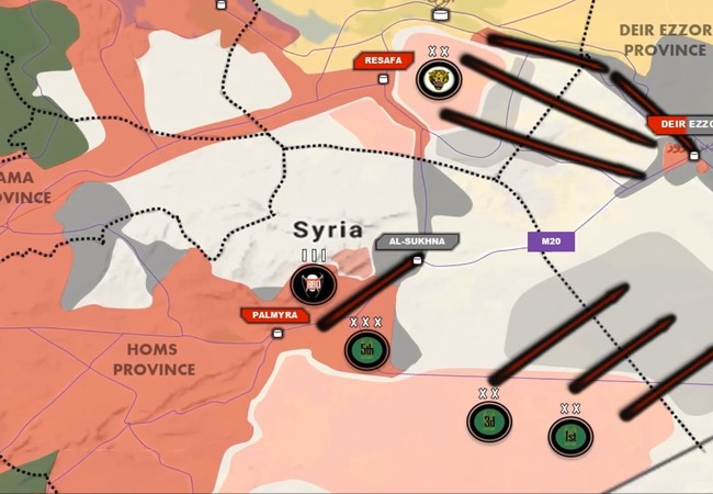 Syria tung vạn quân thiện chiến, mở chiến dịch tiêu diệt IS từ 3 hướng Các mũi tiến công chính của quân đội Syria trên chiến trường Homs - Raqqa