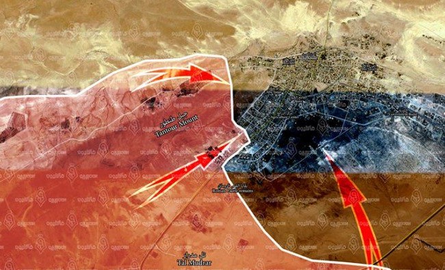 T-72 Syria trúng đạn phiến quân, IS quyết tử thủ tại Al-Sukhnah (video) Các mũi tiến công chính của quân đội Syria đánh vào thị trấn Sukhnah