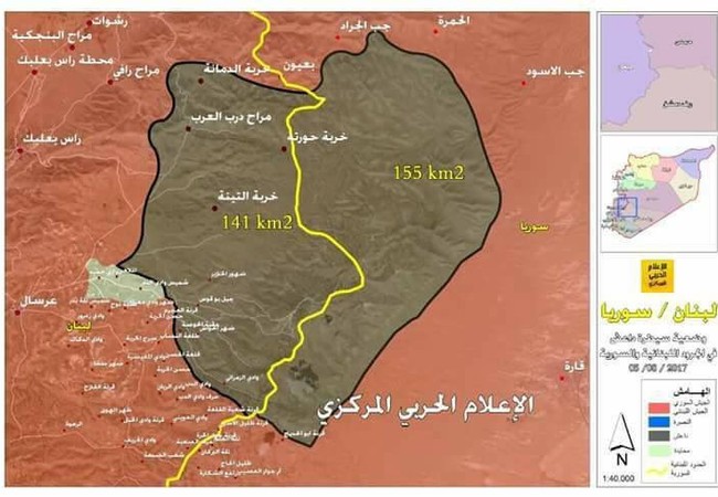 Chiến sự Syria: Quân Assad, Lebanon, Hezbollah truy diệt IS trên biên giới Vùng biên giới Syria Lebanon, khu vực đang bị IS chiếm đóng, bản đồ Syria trên mạng xã hội