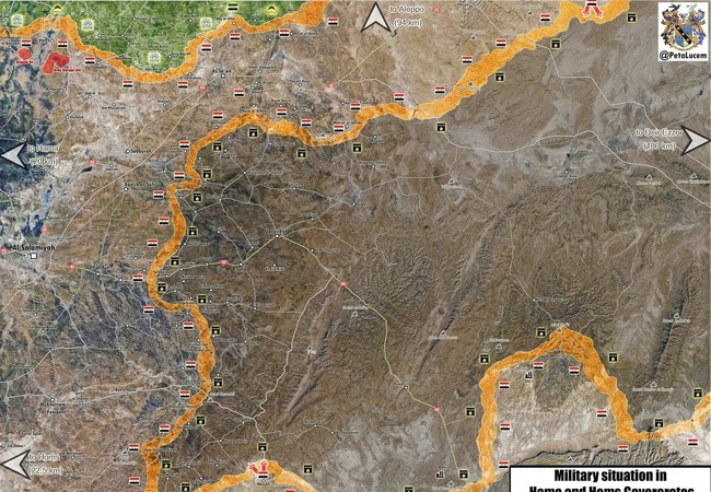 Thừa thắng, quân đội Syria chuẩn bị tiêu diệt IS chiếm cứ miền Trung Syria (video) Bản đồ chiến sự vùng phía đông tỉnh Homs, Hama, các mũi tấn công của quân đội Syria trên hướng tây khu mỏ dầu Al-Sha'er.