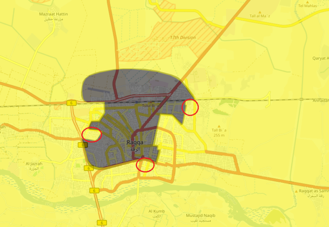 Chảo lửa Raqqa: IS tử chiến với dân quân người Kurd Bản đồ tình hình chiến sự thành phố Raqqa