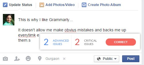 Ứng dụng gây quỹ 110 triệu đô để kiểm tra lỗi chính tả trên mạng xã hội Grammarly sửa lỗi chính tả khi người dùng post tin trên mạng xã hội Facebook