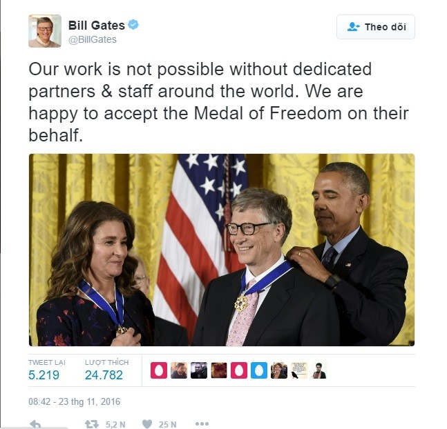 Vợ chồng Bill Gates nhận Huân chương Tự do của Tổng thống Mỹ - ảnh 1