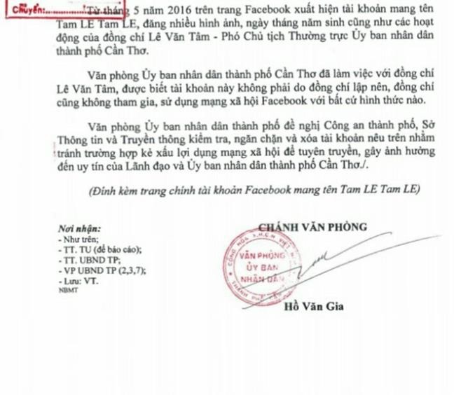 Ông Lê Văn Tâm - Phó Chủ tịch UBND TP Cần Thơ bị lập facebook mạo danh - ảnh 1
