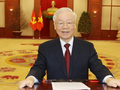 Tổng Bí thư Nguyễn Phú Trọng thay mặt lãnh đạo Đảng và Nhà nước, gửi lời chúc Tết tới toàn thể đồng bào, đồng chí và chiến sĩ cả nước, cộng đồng người Việt Nam ta ở nước ngoài. Ảnh: TTXVN.
