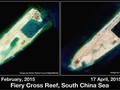 Ảnh vệ tinh chụp đá Chữ Thập thời điểm tháng 2/2015 và tháng 4/2015 cho thấy tốc độ xây dựng chóng mặt của Trung Quốc tại Trường Sa