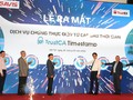 Các quan chức của Bộ Y tế, Chủ tịch Hội truyền thông số Việt Nam, Chủ tịch Hiệp hội An toàn thông tin và đại diện công ty SAVIS bấm nút khai trương dịch vụ TrustCA Timestamp