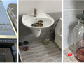 Một cơ sở chăm sóc da nhưng lại có các dụng cụ phẫu thuật đã qua sử dụng đặt trong bồn rửa tay, bên dưới là bình hút dịch có máu đỏ tươi. Chụp tại “Viện Thẩm mỹ Quốc tế Mộc Trà” ngày 11/3/2021 (Ảnh: SYT)