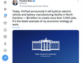 Tổng thống Biden vui mừng thông báo trên trang Twitter cá nhân rằng Vinfast sẽ đặt nhà máy tại bang Bắc Carolina và nói rằng đây là chiến lược phát triển kinh tế của Mỹ hiện nay