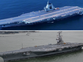Siêu tàu sân bay Phúc Kiến của Trung Quốc (trên) và tàu sân bay USS Gerald Ford của Mỹ. Ảnh: MW.