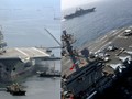 Tàu Sơn Đông Trung Quốc (trái) và tàu USS Abraham Lincoln CVN-72 của Mỹ có thể sẽ đụng đầu nhau trên Biển Đông. Ảnh: Đa Chiều.