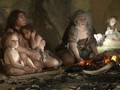 Một bức tranh ghi lại cuộc sống của gia đình người Neanderthal trong hang động.