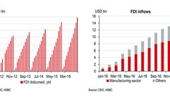 Theo HSBC, giải ngân vốn FDI của Việt Nam đạt kỷ lục trong năm 2016 với 15,8 tỷ USD.