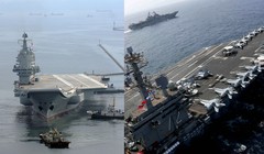 Tàu Sơn Đông Trung Quốc (trái) và tàu USS Abraham Lincoln CVN-72 của Mỹ có thể sẽ đụng đầu nhau trên Biển Đông. Ảnh: Đa Chiều.