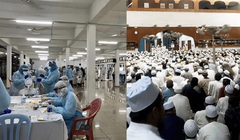 Quang cảnh buổi diễn ra nghi lễ truyền giáo (phải) và các nhân viên phòng dịch lấy mẫu xét nghiệm các tín đồ tham dự (Ảnh: Sinchew).