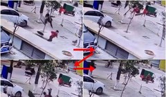 Hình ảnh chú bé ở Long Nham, Phúc Kiến bị vụ nổ hất tung lên cao (Ảnh: Đông Phương).