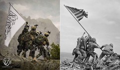 Bức ảnh kinh điển "Cắm cờ trên đảo Iwo Jima" và ảnh nhái (trái) khiến người Mỹ tức giận (Ảnh: Dwnews).