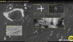 Ảnh vệ tinh của ISI cho thấy các máy bay và tàu chiến Trung Quốc đang hoạt động trên vùng trời và vùng biển gần đá Subi (Ảnh: Dwnews).