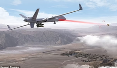 Máy bay không người lái MQ-9B phóng tia laser tiêu diệt mục tiêu. Ảnh: GA.