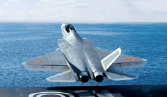 Hình ảnh mô tả J-35 cất cánh kiểu nhảy cầu từ tàu sân bay Liêu Ninh. Ảnh: Zhihu.