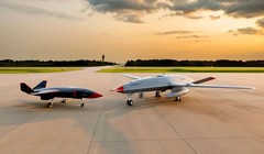 Hai máy bay không người lái (UAV) MQ-28 "Ghost Bat" và MQ-25 "Stingray" trên sân bay quân sự Mỹ. Ảnh Boeing Defense.