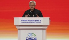 Jensen Huang, CEO của Nvidia, trong lễ khai mạc Triển lãm chuỗi cung ứng quốc tế Trung Quốc lần thứ ba tại Bắc Kinh vào ngày 16 7. Ảnh: SCMP.
