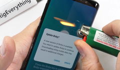 Màn hình của Galaxy S9 chịu được khoảng 20 giây dưới nguồn nhiệt trước khi điểm ảnh hóa trắng. Nguồn: JerryRiggEverything