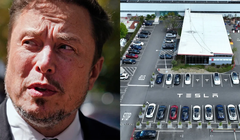 Giám đốc điều hành Tesla Elon Musk và nhà máy Tesla ở Fremont, California.