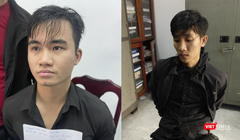 Hai đối tượng Nguyễn Mạnh Cường (bên trái) và Trần Văn Trí tại cơ quan công an