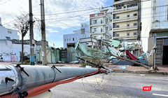 Cột điện tại phường Quy Nhơn, tỉnh Gia Lai bị bão số 13 quật ngã.